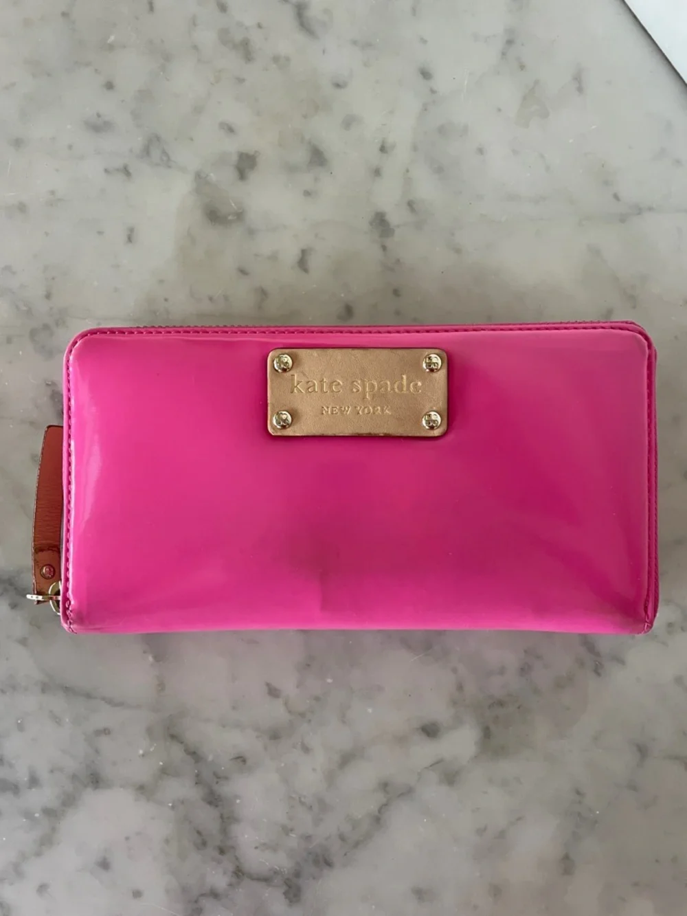 KATE SPADE Spencer Hot Pink Patent Zip-Around Wallet Newspaper Print Lining